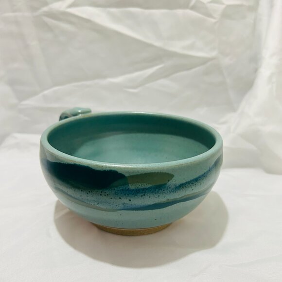 Signed Art Pottery soup mug bowl Teal Blue green glaze Thumb Rest - Picture 7 of 15